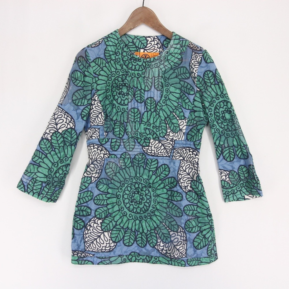 Tory Burch Tunic Womens 4 Green Blue Floral Silk Cotton Pintuck Boho Side Zip